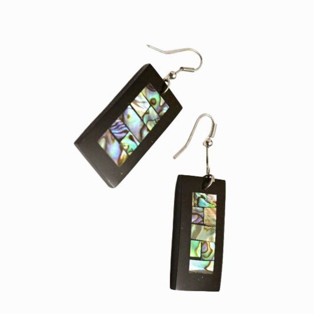 VINTAGE 80’s Lee Sands Rectangular Pierced Earrings-Black with Inlaid Abalone - Picture 3 of 6